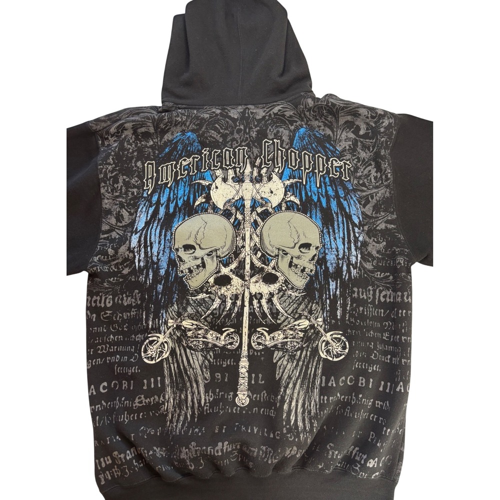 American Chopper Mens L Full Zip Hoodie Skull Wing Graphic Black Sweatshirt READ